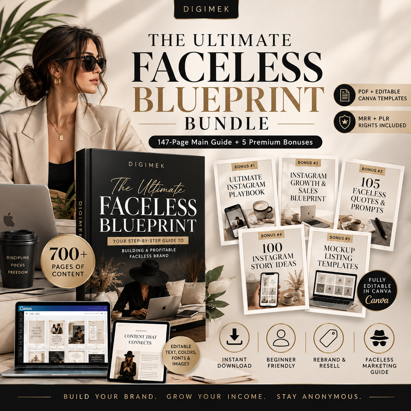 Faceless Digital Marketing Blueprint Bundle, 700+ Page + Editable Canva, MRR PLR Guide, Instagram Growth